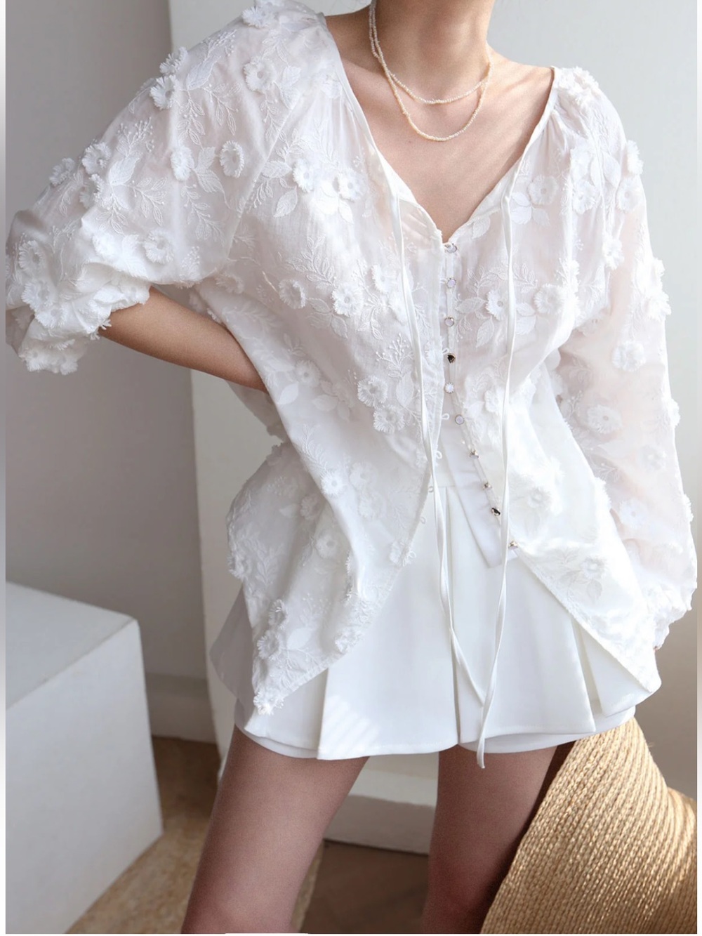 NWT Commense Oversized Semi-Sheer Embroidered Floral Blouse